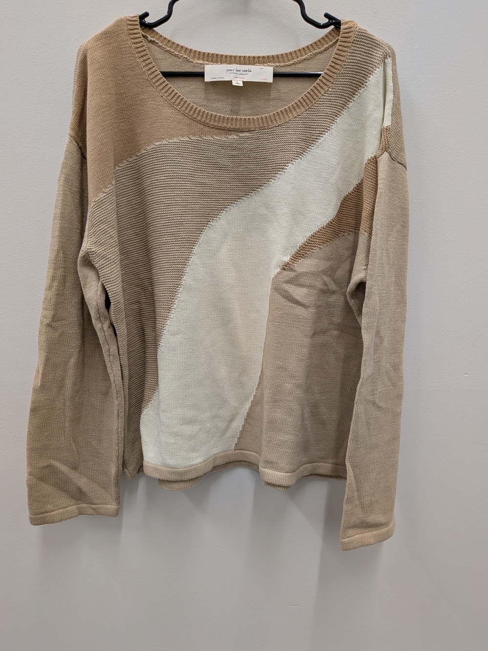 Peace Love World Boho Sweater Women Large Beige Cream Colorblock Knit Pullover C - Picture 10 of 12